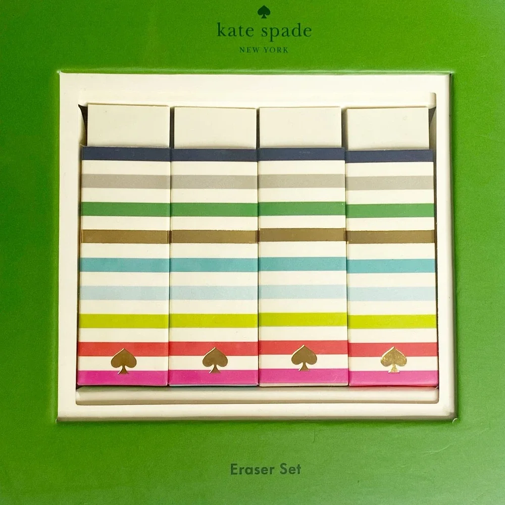 NWT Kate Spade Four White Adventure Stripe Eraser Set